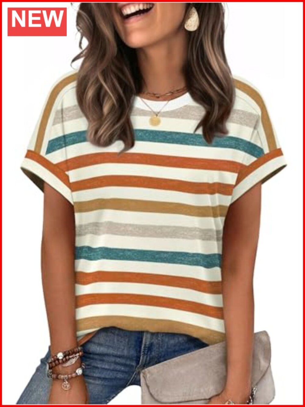 Womens Short Sleeve T-Shirt Crewneck Striped Casual Summer Top